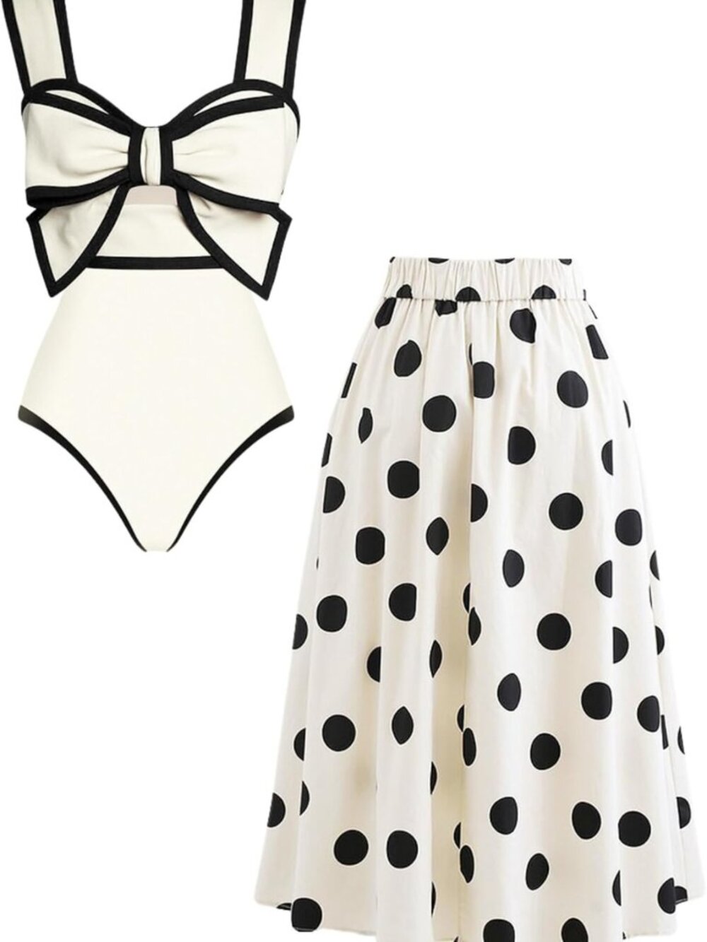 Chic Polka Dot One Piece Swimsuit with Skirt & Bow Tie - Women's Bathing Suit